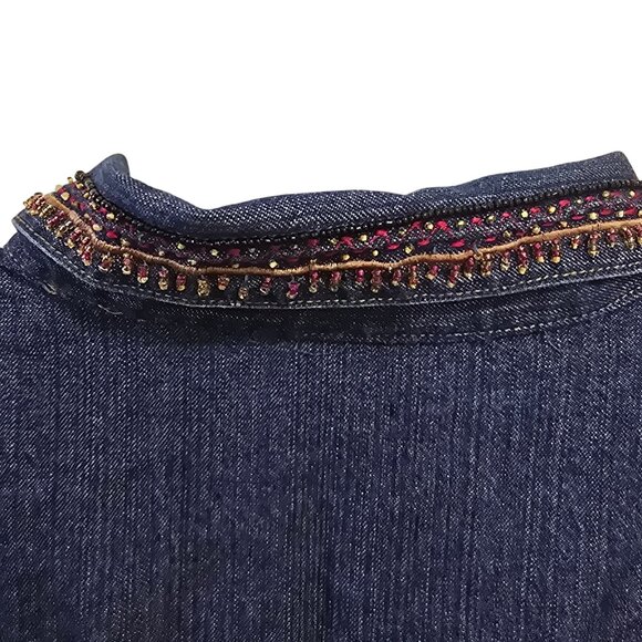 Chicos Vintage Denim Zip-Up Shirt Embroidered & Beaded Camel &Collar Boho READ - Picture 9 of 12